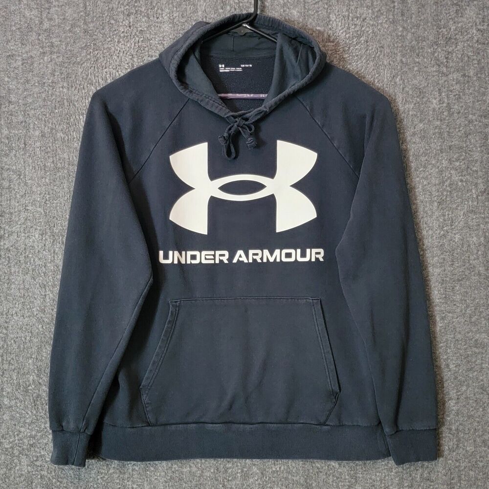 Under Armour Rival Fleece Hoodie Mens L Black Loose UA Big Logo Pullover 1357093